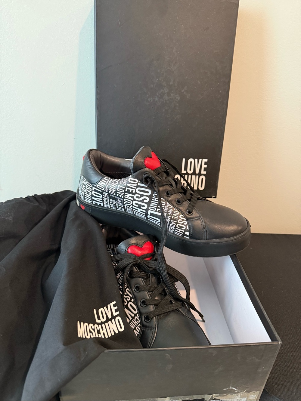 Love Moschino Black Sneakers with Red Heart Detail